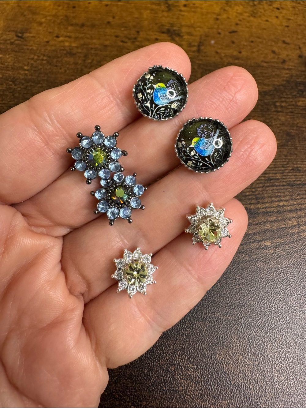 Blue & Yellow Bird Cabochon and Blue Crystal Flower Stud Earrings Bundle